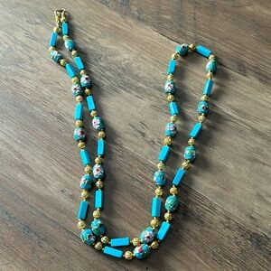 Vintage style Murano Wedding Cake Glass Bead aqua Necklace 18 inches